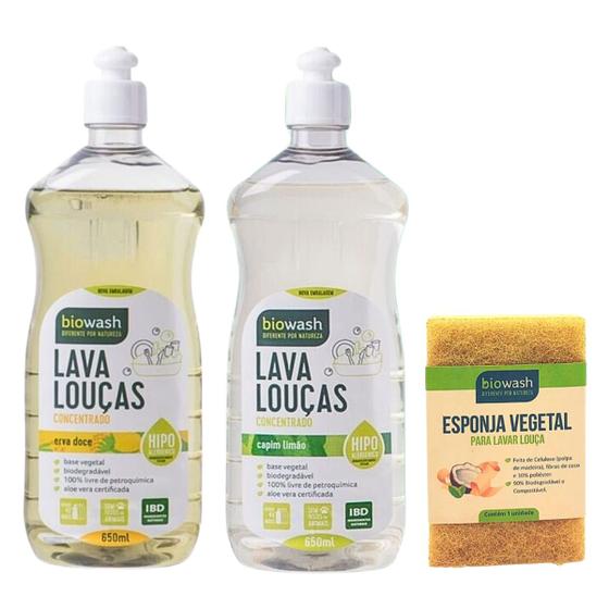 Imagem de Kit 2x Detergente Lava Louças Biodegradável +Esponja Biowash