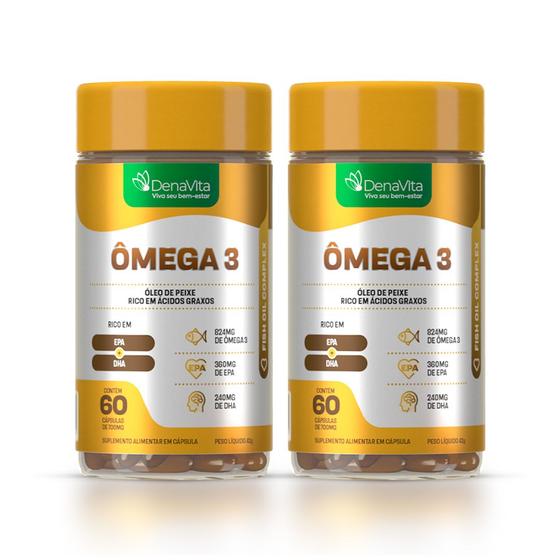 Imagem de Kit 2x Frascos de Ômega 3, Epa + Dha, 3x1 - 1000mg - Suplemento Alimentar, 60 Capsulas - Denavita