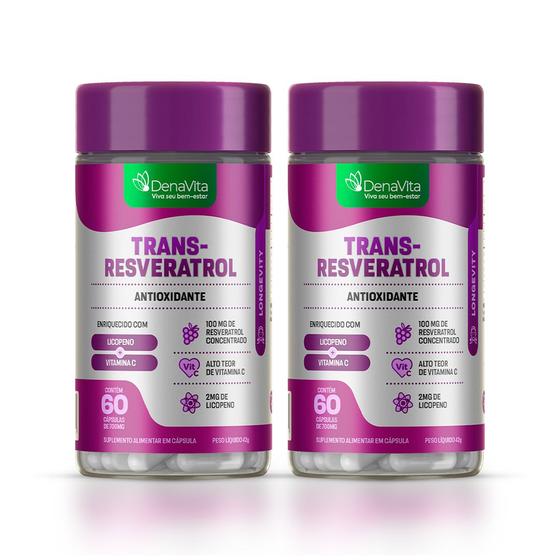 Imagem de Kit 2x Frascos Trans- Resveratrol, Vitamina C 3x1, 120 Cápsulas, 700mg - Lançamento - Denavita