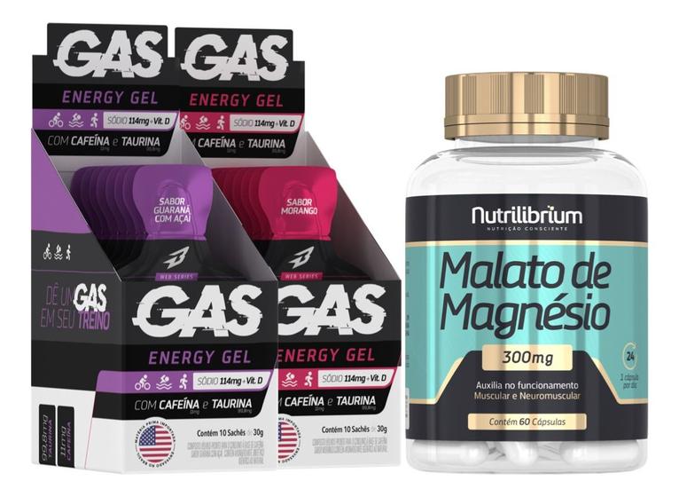 Imagem de Kit 2x Gas Energy Gel Energético 20 Sachês + Malato De Magnésio Bodyaction