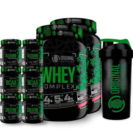 Imagem de Kit 2x Suplemento em pó Whey Protein Complex + 2x Bcaa + 2x Glutamina + 2x Creatina + Coqueteira - Original Nutrition - Combo Hipertrofia