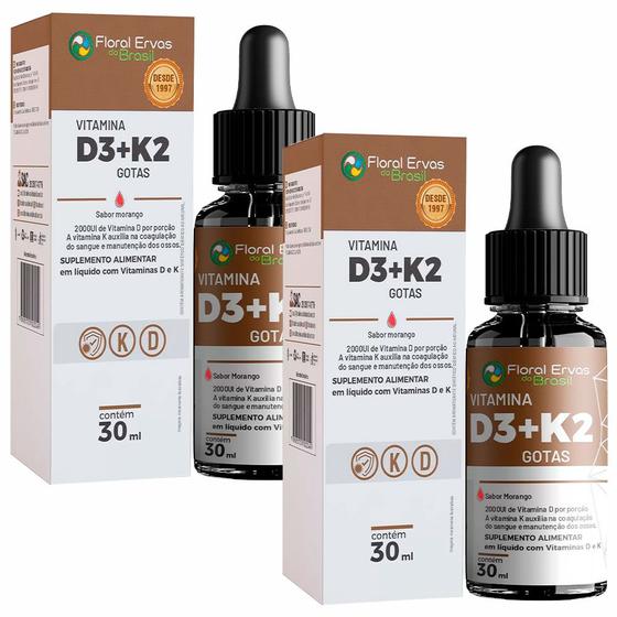 Imagem de Kit 2x Vitamina D3 + K2 em Gotas - (30 ml cada) - Morango - Floral Ervas do Brasil