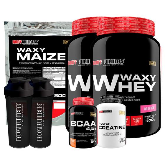Imagem de Kit 2x Waxy Whey 900g + Waxy Maize 800g + Power Creatina 100g + BCAA 4,5 100g + 2x Coqueteleira - Bodybuilders