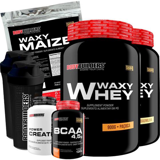 Imagem de Kit 2x Waxy Whey 900g + Waxy Maize 800g + Power Creatina 100g + BCAA 4,5 100g + 2x Coqueteleira - Bodybuilders