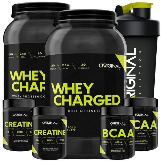 Kit 2x Whey Charged + 2x Creatina + 2x Bcaa + Shaker Menor preço em Kit 2x Whey Charged + 2x Creatina + 2x Bcaa + Shaker