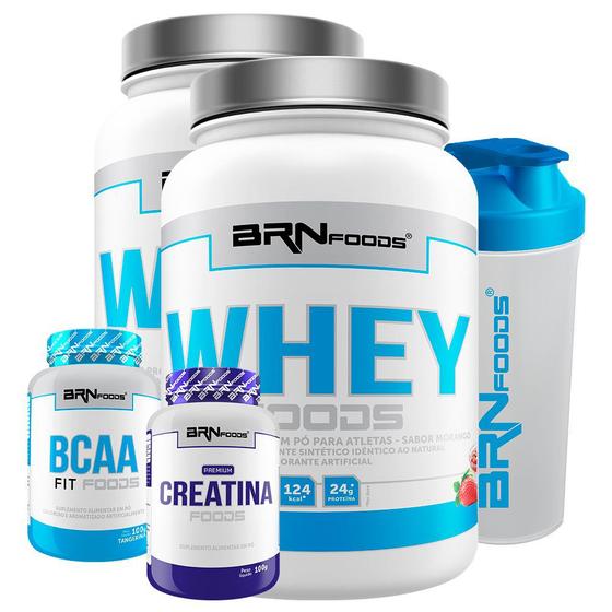 Imagem de Kit 2x Whey Foods 900g + BCAA 100g + Creatine Foods 100g + Coqueteleira 600ml  BRNFOODS