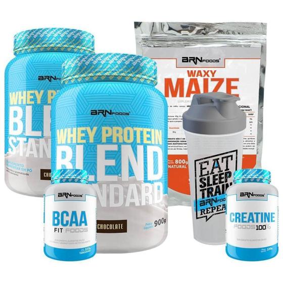 Kit 2x Whey Protein Blend 900g + BCAA 100g + Creatina 100g + Waxy Maize