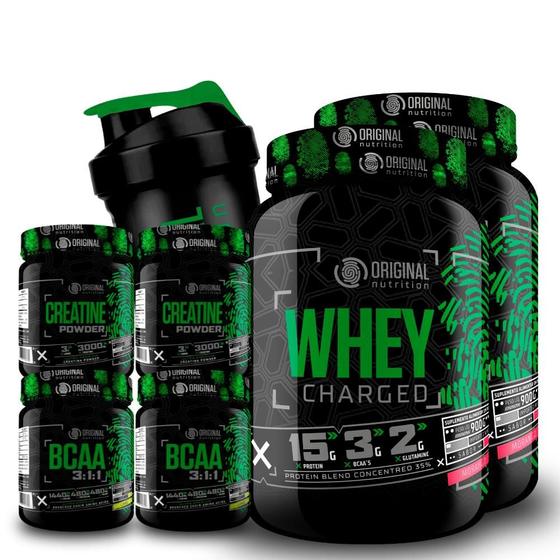 Imagem de Kit 2x Whey Protein Charged + 2x Creatina + 2x Bcaa + Shaker