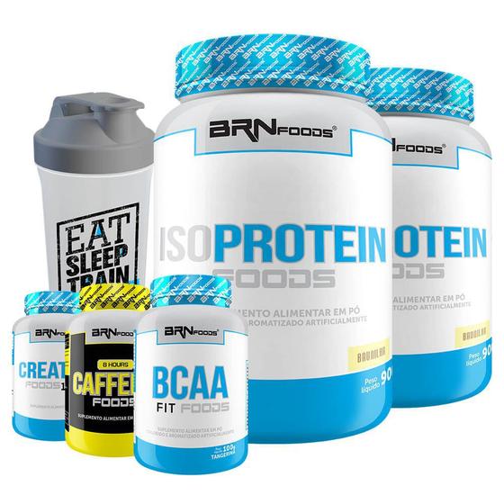 Imagem de Kit 2x Whey Protein Iso Protein 900gr Foods + Cafeína 100g + Creatina 100g+ BCAA 100g + Coqueteleira - BRN FOODS