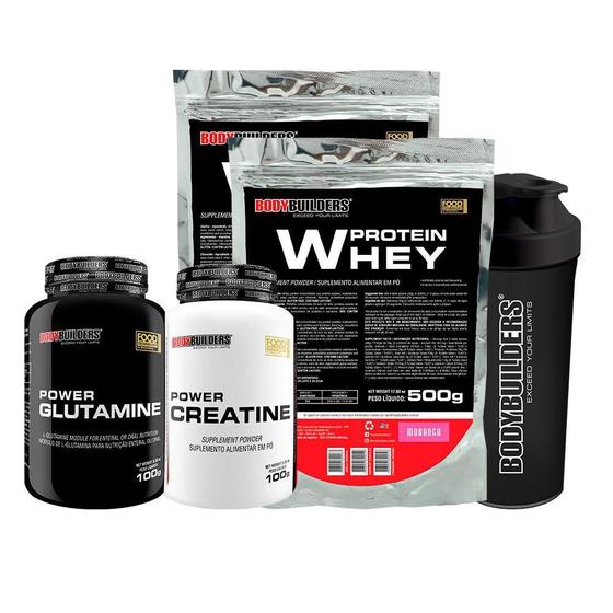 Kit 2X Whey Protein Morango Creatina Glutamina Coqueteleira ...