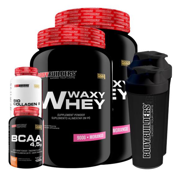 Imagem de Kit 2x Whey Protein Waxy Whey 900g + Bio Colagen II 200g + BCAA 100g + 2x Coqueteleira - Bodybuilders