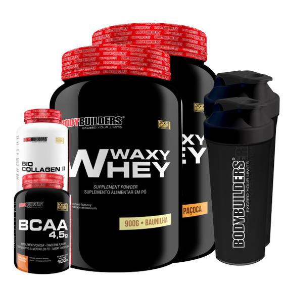 Imagem de Kit 2x Whey Protein Waxy Whey 900g + Bio Colagen II 200g + BCAA 100g + 2x Coqueteleira - Bodybuilders