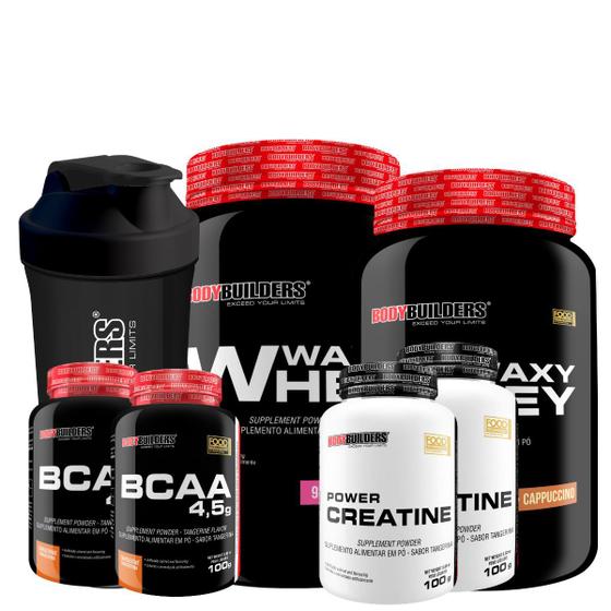 Imagem de KIT 2x Whey Protein Waxy Whey Pote 900g + 2x BCAA 100g Tangerina + 2x Power Creatina 100g + Coqueteleira 600ml- Bodybuilders