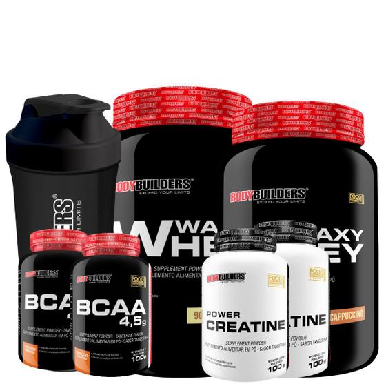 Imagem de KIT 2x Whey Protein Waxy Whey Pote 900g + 2x BCAA 100g Tangerina + 2x Power Creatina 100g + Shakeira 600ml- Bodybuilders