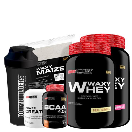 Imagem de Kit 2x Whey Protein Waxy Whey Pote 900g + BCAA 100g + Power Creatina 100g + Waxy Maize 800g + Coqueteleira 600 ml - Aumento de Massa Muscular 