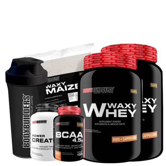 Imagem de Kit 2x Whey Protein Waxy Whey Pote 900g + BCAA 100g + Power Creatina 100g + Waxy Maize 800g + Coqueteleira 600 ml - Aumento de Massa Muscular 