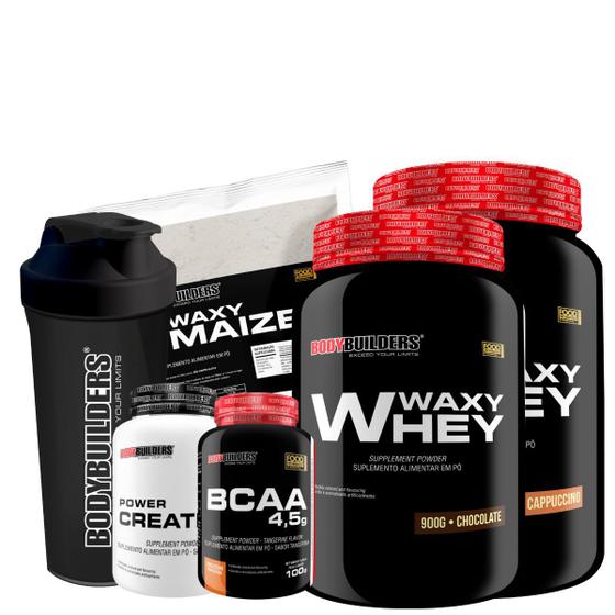 Imagem de Kit 2x Whey Protein Waxy Whey Pote 900g + BCAA 100g + Power Creatina 100g + Waxy Maize 800g + Coqueteleira 600 ml - Aumento de Massa Muscular 