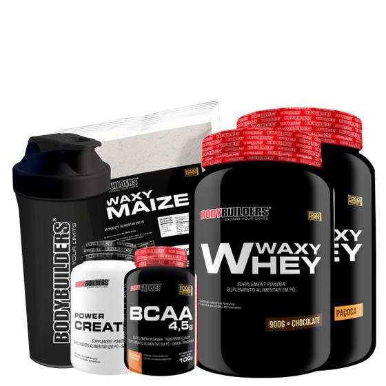 Imagem de Kit 2x Whey Protein Waxy Whey Pote 900g + BCAA 100g + Power Creatina 100g + Waxy Maize 800g + Coqueteleira 600 ml - Aumento de Massa Muscular 