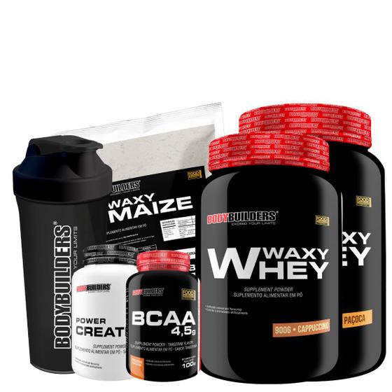 Imagem de Kit 2x Whey Protein Waxy Whey Pote 900g + BCAA 100g + Power Creatina 100g + Waxy Maize 800g + Coqueteleira 600 ml - Aumento de Massa Muscular 