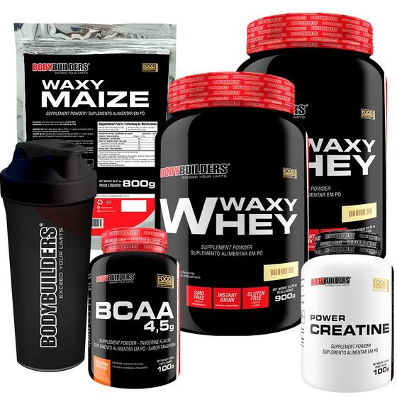 KIT 2x Whey Protein Waxy Whey Pote 900g + BCAA 4,5 100g + POWER Creatina 100g + Waxy Maize 800g + Shakeira – Ganho de Massa Muscular