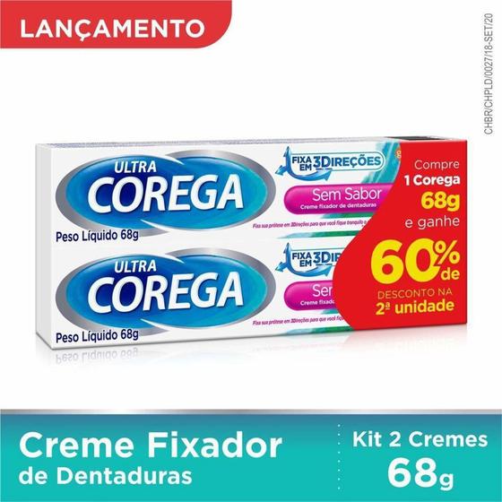 Imagem de Kit 2x68g Corega Ultra Creme Fixador Dentaduras Sem Sabor