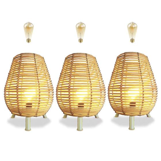 Imagem de Kit 3 Abajur Rattan Fibra Natural Mesa Lanterna Nat68 + Led