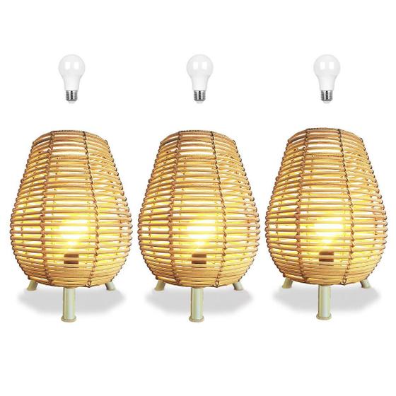 Imagem de Kit 3 Abajur Rattan Lanterna Fibra Natural Boho Nat68 + Led