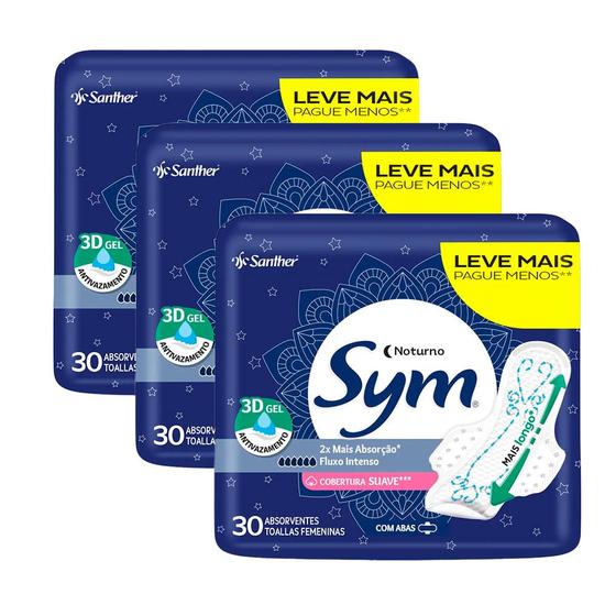 Imagem de Kit 3 Absorvente Sym Premium Noturno Com Abas Suave Com 30 Unidades