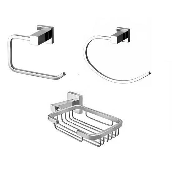 Imagem de Kit 3 Acessórios Banho Saboneteira Metal + Papeleira Cromada Modelo Future + Porta Toalha de Rosto 