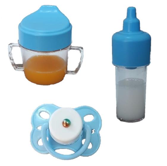 Imagem de Kit 3 Acessórios P/ Boneca Bebe Reborn Menino Azul Mamadeira Leite Copinho Suco Chupeta Magnética