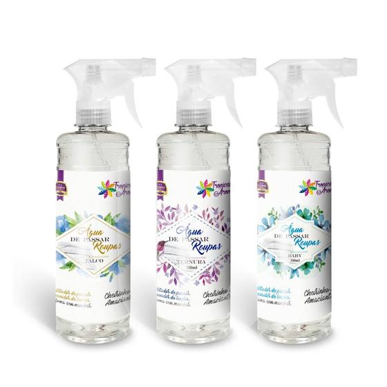 Imagem de Kit 3 Água Perfumada Para Roupas  Elimina Odores  Spray/Borrifador Talco, Baby e Ternura 500ml Cada Tropical Aromas