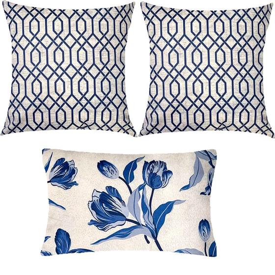 Imagem de Kit 3 Almofadas Composê Geométrico e Floral  Azul Sued Premium