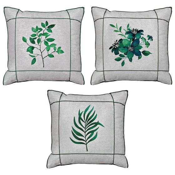 Imagem de Kit 3 Almofadas De Linho Folhagem Flor Verde Drapeada 45x45