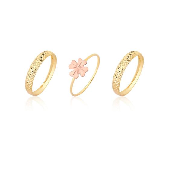 Imagem de Kit 3 Anéis Conjunto Anel Flor Rosé Com Aparadores Ouro 18k