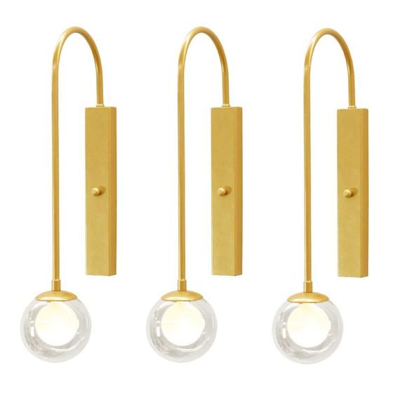 Imagem de Kit 3 Arandelas Parede Globo Duplo Vidro Retangular Dourado