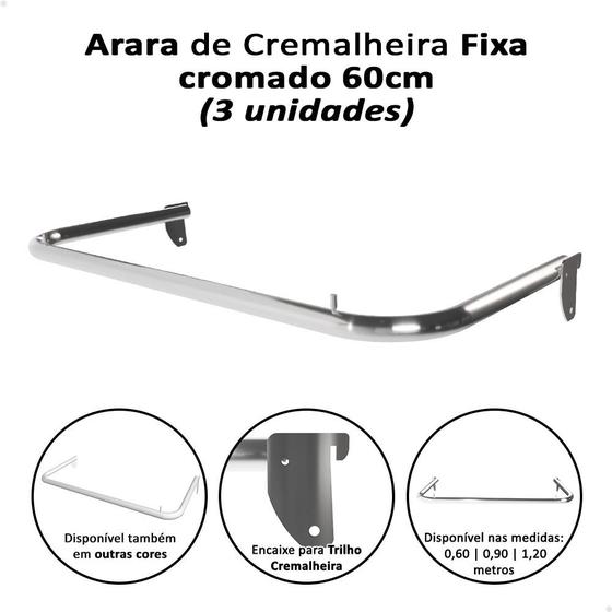 Imagem de Kit 3 Arara Cabideiro 60cm Cromado Trilho Cremalheira Loja