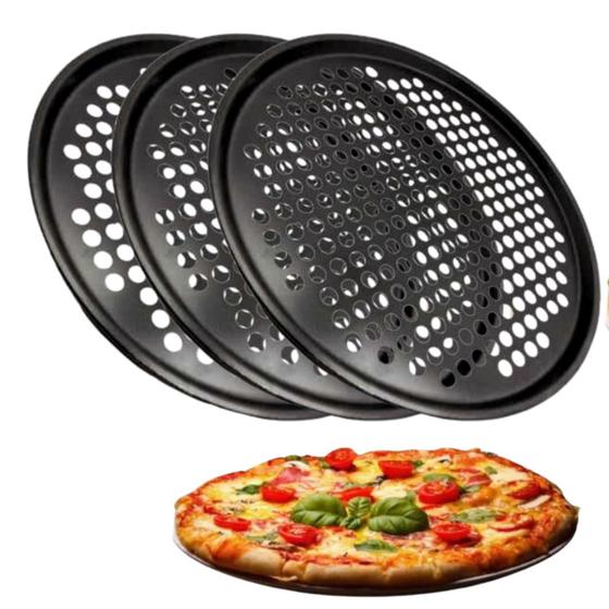 Imagem de Kit 3 Assadeira Formas de Pizza Bandeja Furada Antiaderente Aço Carbono