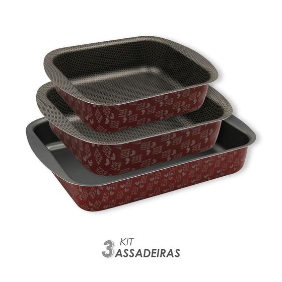 Imagem de Kit 3 Assadeiras Antiaderentes para forno receitas sobremesas bolos tortas comercio empresa casa cozinha praticidade não gruda- Vermelha