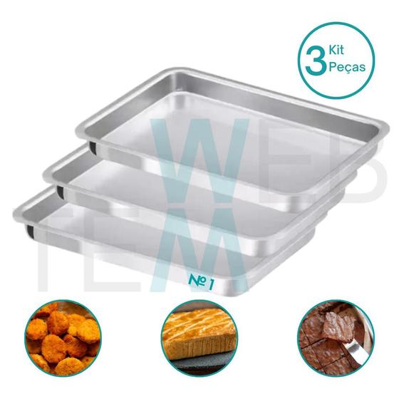 Imagem de Kit 3 Assadeiras Retangular Baixa nº 1 Alumínio Sustentável para Assados Bolos Torta Cozimento Uniforme Fácil Limpeza Para Uso Caseiro ou Profissional