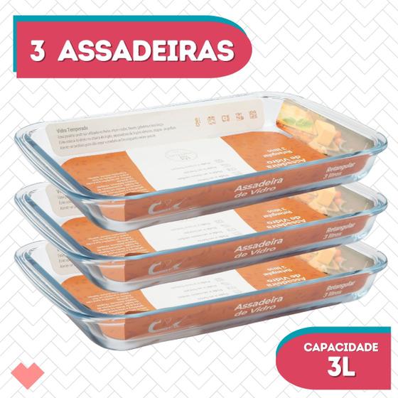 Imagem de Kit 3 Assadeiras Vidro Retangular 3L Forno Massa S/ Tampa