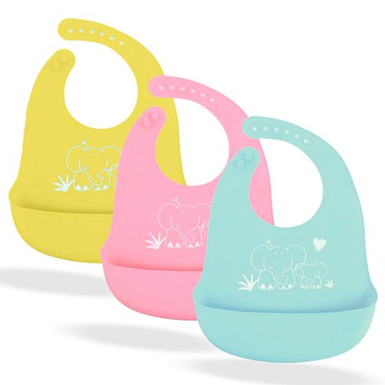 Imagem de Kit 3 Babador Impermeável infantil de silicone com bolso pega migalhas ajuste bebe