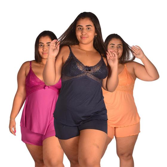 Imagem de Kit 3 Baby Doll Pijama Plus Size Short Doll Em Renda