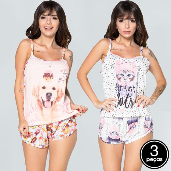 Imagem de Kit 3 Baby Dolls Curto Estampado Short Regata Pijama Alça