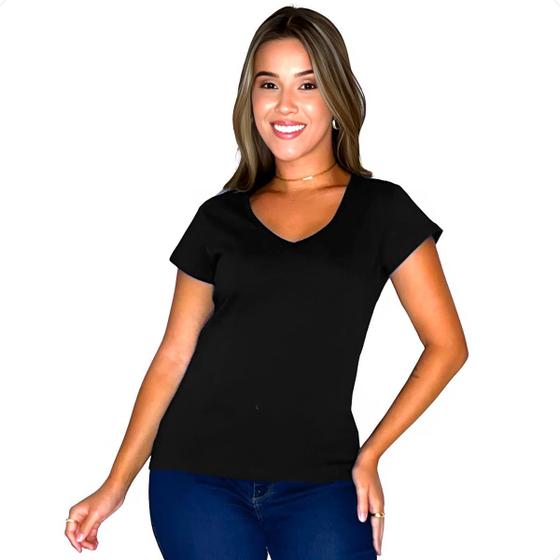 Imagem de KIT 3 Baby Look feminina Camiseta algodão Gola V Varias Cores Atacado Manga Curta ótima qualidade moda casual