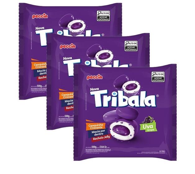 Imagem de kit 3 Bala Recheada Peccin TriBala Sabor Uva Saco 500g