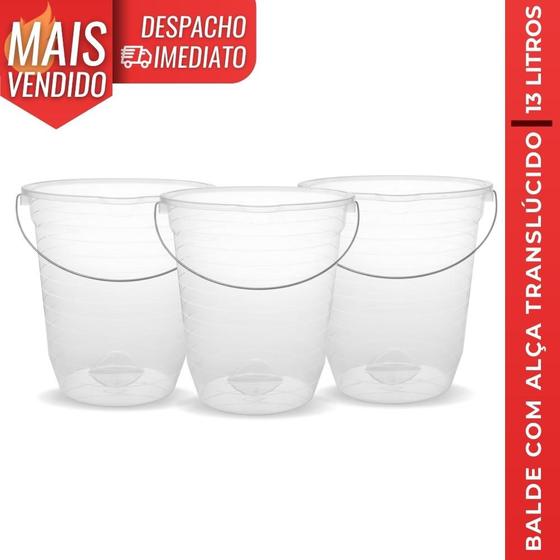 Kit 3 Balde Plástico Redondo 13L c/ Alça Metalizada Transparente Lavanderia Multiuso Menor preço em Kit 3 Balde Plástico Redondo 13L c/ Alça Metalizada Transparente Lavanderia Multiuso