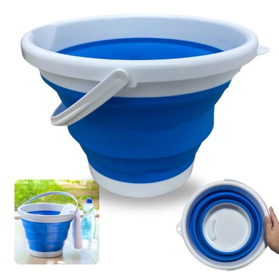 Imagem de Kit 3 Baldes Dobraveis Retrateis 10 Litros com Alca / Flexivel Versatil e Compacto Azul e Branco Kala