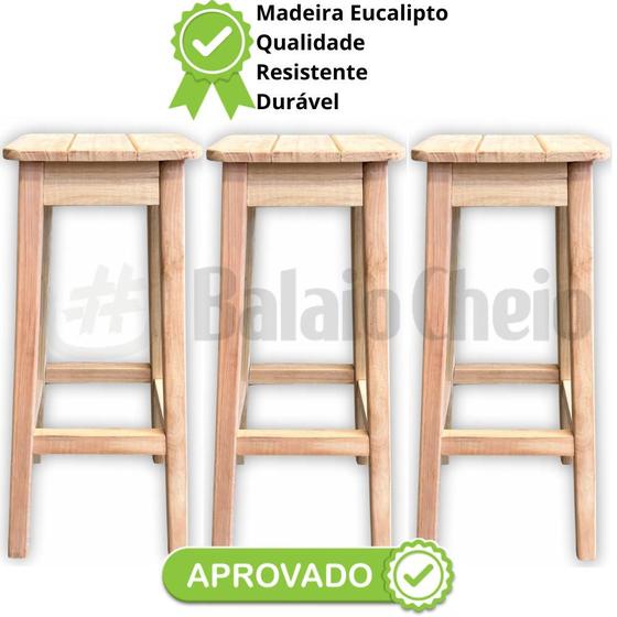 Imagem de Kit 3 Bancos Alto 70cm Madeira Maciça Quadrado