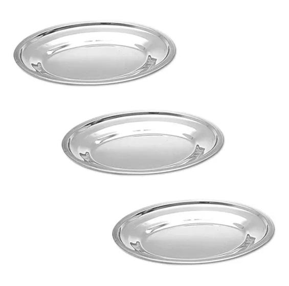 Imagem de Kit 3 Bandeja Oval Rasa De Inox Grande Para Servir 35cm