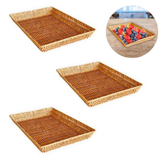 Imagem de Kit 3 Bandeja rattan Decorativa pequena cesta servir organizar mesa bancada lavabo banheiro armário